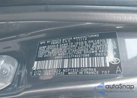 2015 Toyota Yaris L из США, поврежденный, VIN VNKKTUD37FA027086